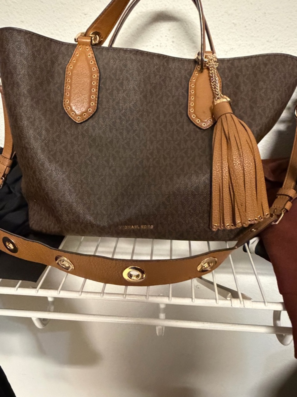 Michael Kors Brown Monogram Tote with Tan Leather Tassel
